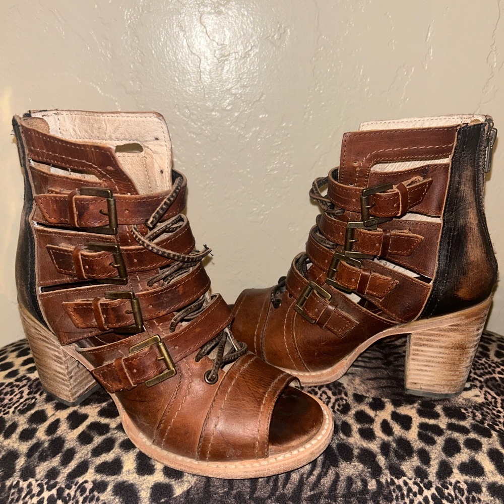 Brown Leather Buckle Ankle Boots